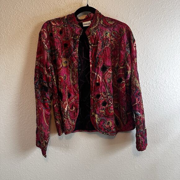 Chicos Jacket Topper Coat Silk 2/S Pink Boho Beaded Embroidered Blazer Artsy - Picture 2 of 10